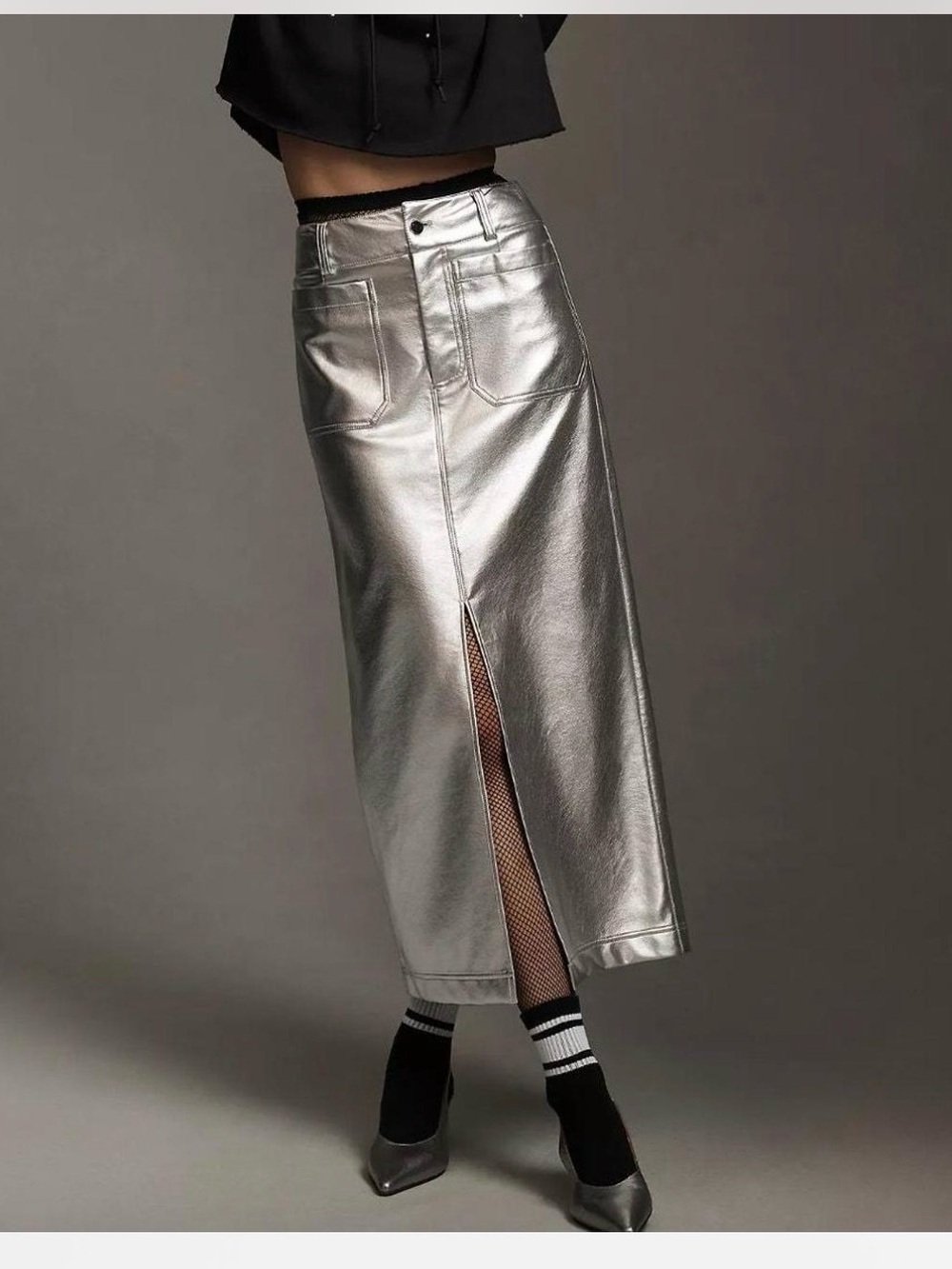 Anthropologie Silver Metallic Column Midi Skirt Utility XL Futuristic Front Slit